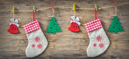 Christmas Decoration Over Wooden Background. Decorations over Woodの写真素材