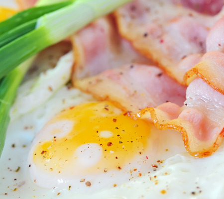 breakfast with bacon and fried eggs, macroの写真素材