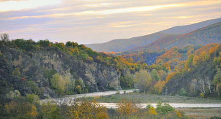 mountain autumn landscape with colorful forestの写真素材