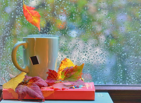 Tea cup at the window with  leaves and drops after rain in autumnの写真素材