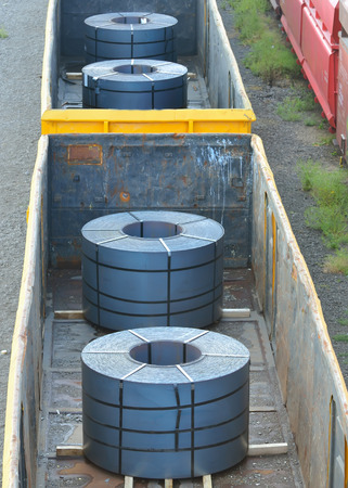 Cargo train platform with role steel seen from aboveの写真素材