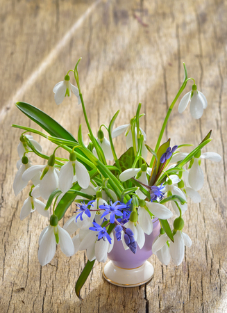 Beautiful bouquet of snowdrops in vase on wooden tableの写真素材