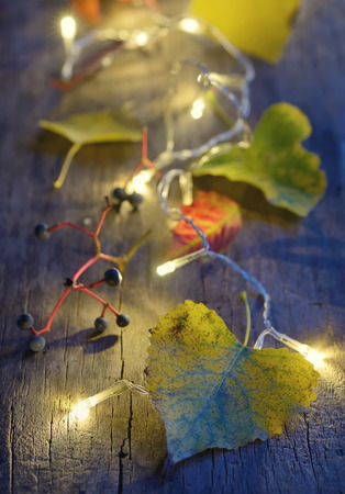 Autumn leaves on wooden board and christmas lights glowingの写真素材