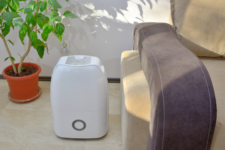 Portable dehumidifier colect water from air inside of living roomの写真素材
