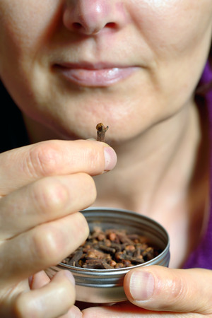 Woman chew dried clove spice for fresh breathの写真素材