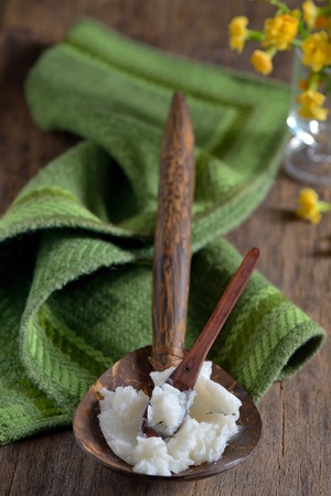 coconut oil on the wooden spoonの写真素材