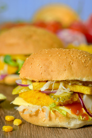 Homemade burger on the wooden tableの写真素材