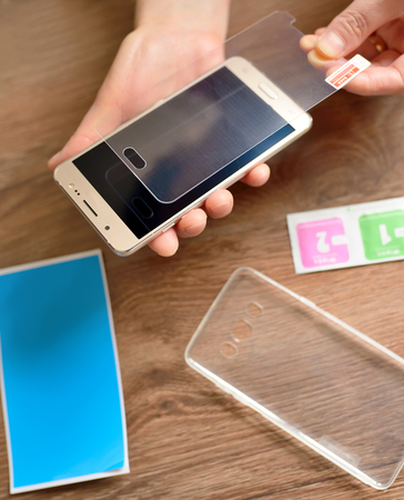 Kit of  installing safety glass on smartphoneの写真素材