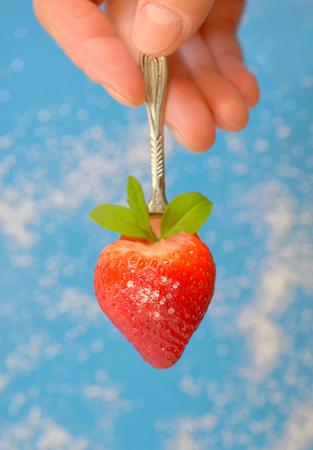 A heart shaped strawberry in spoon and sugar on backgroundの写真素材