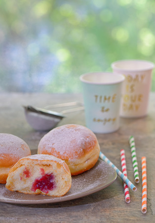 Fresh tasty donuts with jamの写真素材
