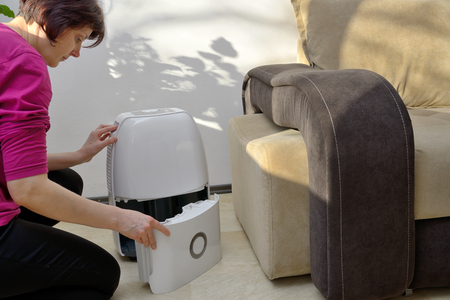 Portable dehumidifier collect water from air inside of living roomの写真素材