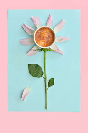 Conceptual Cup of espresso and Pink Rose Petalsの写真素材