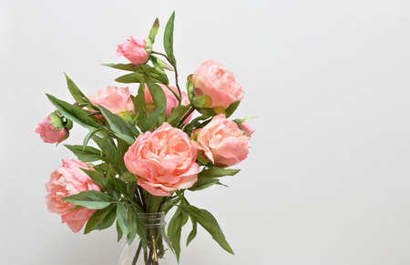 Closeup Beautiful Pink Peony Flowers in Vaseの写真素材
