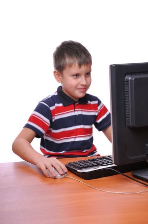 Young man using a computer on white backgroundの写真素材