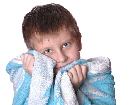 Cheerful kid after bath. Isolated on white backgroundの写真素材