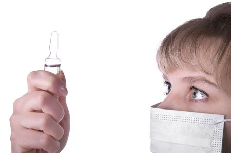 closeup medic portrait with ampule over white backgroundの写真素材