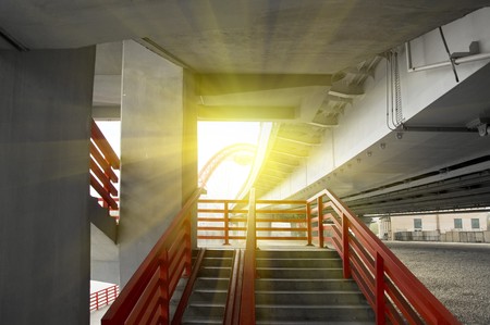 view on the Stairway under concrete road bridge with column in Moscowの写真素材