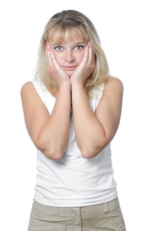 Happy young modern business woman over white backgroundの写真素材