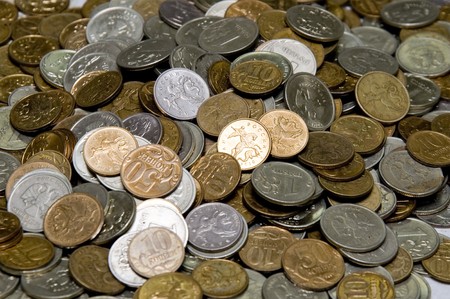 Group of coins Russian rouble heap on tableの写真素材