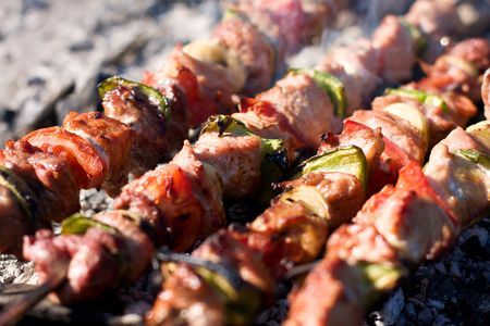 Barbecue with delicious grilled meat on grillの写真素材