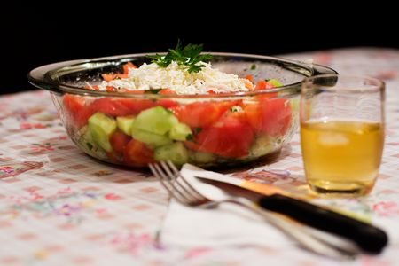 Ready made typical and traditional salad of tomatoes, cucumber and cheeseの写真素材