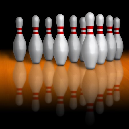 Bowling pins on wood alleyの写真素材