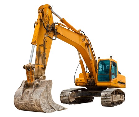 Yellow Excavator isolated on whiteの写真素材
