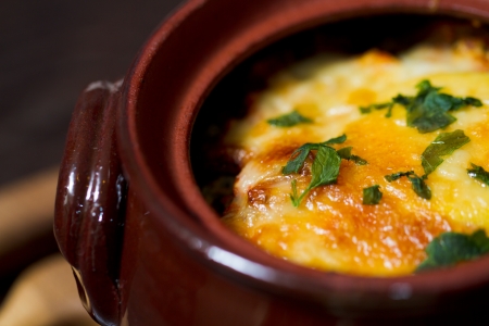 Stew pot with sausage and cheeseの写真素材