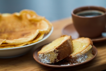 Round cake slice with pancake and coffee  Traditional cuisine の写真素材