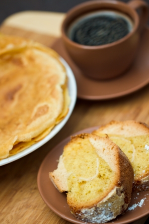 Round cake slice with pancake and coffee  Traditional cuisine の写真素材