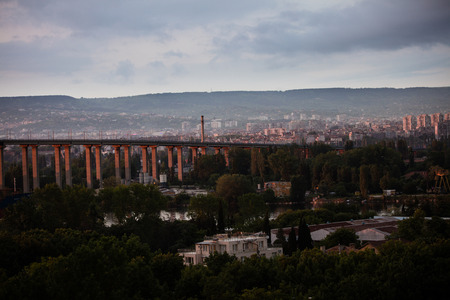 City bridge at sunset, big city panorama with riverの写真素材