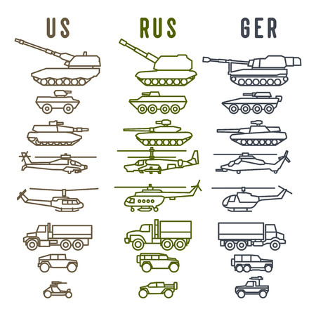 Set of the german military combat vehicle and helicopters. Outline designのイラスト素材
