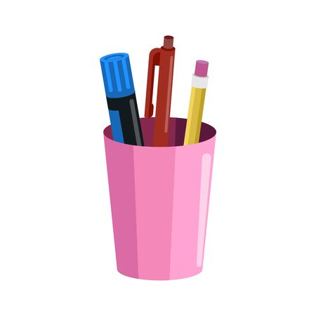 Pencil Holder with pens, a pencil and a ruler. Vector Illustration.