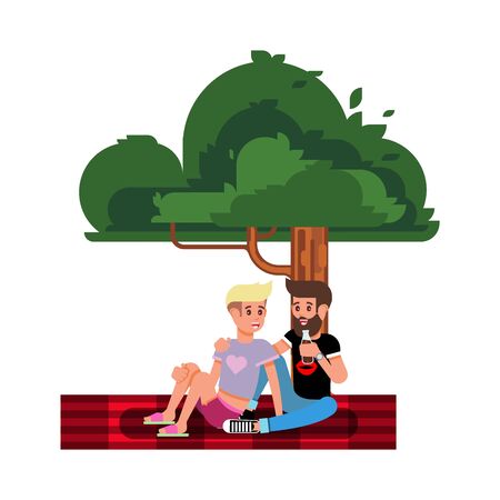 Happy Couple of Young People on a Picnic. Couple of Lovers Resting in Nature. Vector Illustration in a Flat Style.のイラスト素材
