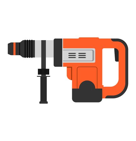 Manual, electric hammer drill with drills. Tool for drilling holes in materials. Vector illustration isolated. Working tool for construction, finishing, carpentry and repair work.のイラスト素材