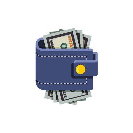 Flat Vector Wallet and Money.Wallet with hundred-dollar bills in flat stile. Wallet full of green dollars. Isolated on a white backgroundのイラスト素材