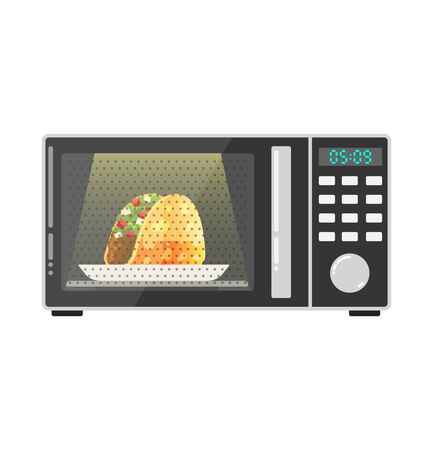Microwell with delicious hot tacos inside. Hot food in the microwave. Open microflow door. Microwave oven icon. Simple illustration of microwave oven vector icon for web design isolated on white backgroundのイラスト素材