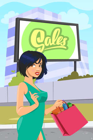 Woman with shopping bags vector flat cartoon illustrationのイラスト素材