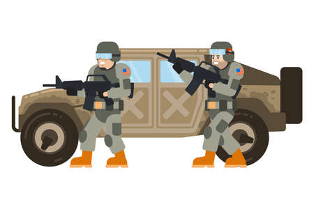 Two young American soldiers accompany a military SUVのイラスト素材