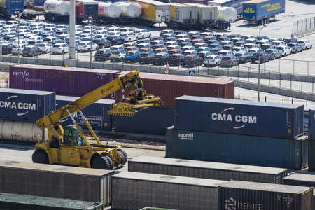 Barcelona, Spain - May 14, 2014: Overview of Container Terminal in the port of Barcelona where there...