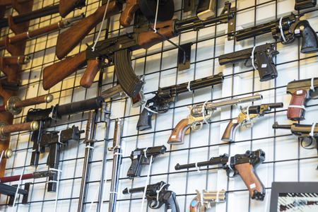 Barcelona, Spain - June 18, 2014  old weapons on a market stall in the most famous flea market in...
