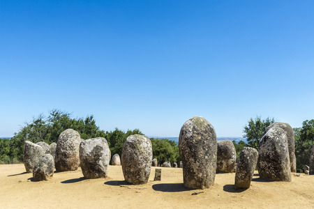 The Cromlech of the Almendres megalithic complex (or Almendres Cromlech), located near Évora, is the largest existing group of structured menhirs in the Iberian Peninsula, and one of the largest in Europeの写真素材