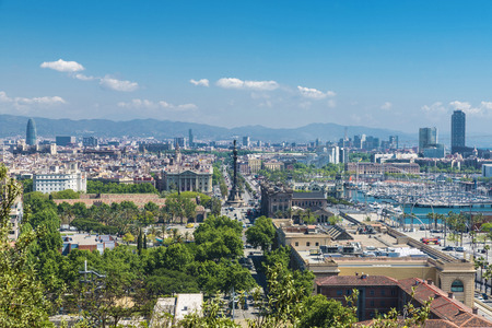 Barcelona, Spain - May 14, 2014: View of Barcelona from Montjuic mountain where they highlight the Agbar Tower, the monument to Columbus and the Hotel Artsのeditorial素材