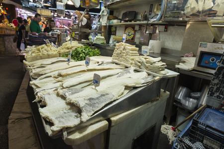 Barcelona, Spain - October 17, 2014: cod store in the market of La Boqueria.