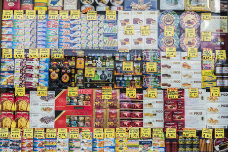 Barcelona, Spain - October 17, 2014: Display window of a liquor store and gourmet food in the old town of Barcelonaのeditorial素材