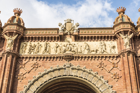 Arc de Triomf was built as the main access gate for the 1888 Barcelona World Fair by architect Josep Vilaseca i Casanovas. The arch is built in reddish brickwork in the Neomudejar styleの写真素材