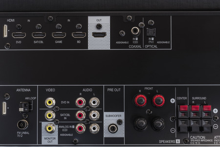 Close-up of AV amplifier back sideの写真素材