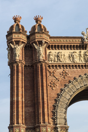 Arc de Triomf was built as the main access gate for the 1888 Barcelona World Fair by architect Josep Vilaseca i Casanovas. The arch is built in reddish brickwork in the Neomudejar styleの写真素材