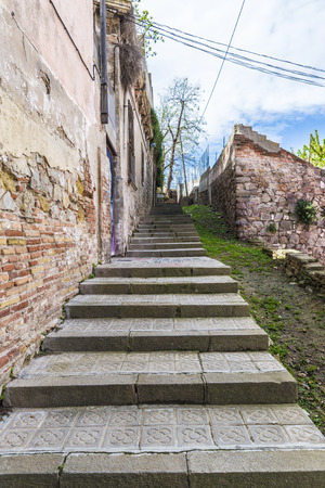 Street with stairs in the Poble Sec neighborhood, Barcelona, Catalonia, Spainの写真素材