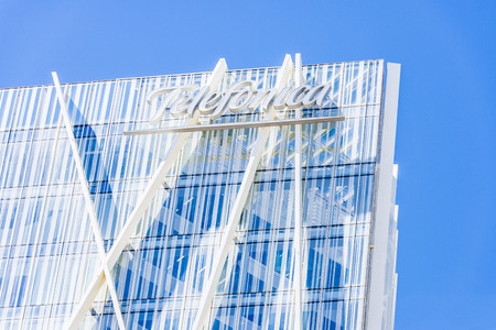 Barcelona, Spain - April 9, 2015: Telefonica Headquarters located in the 22 district of Barcelona. This new building is known as Torre Telefonica Diagonal Zeroのeditorial素材